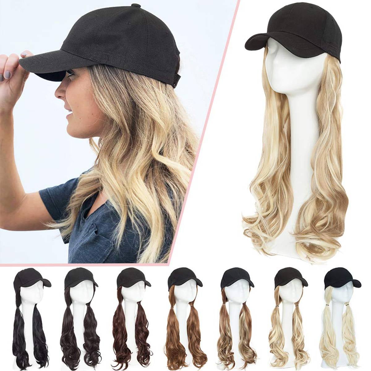Sego Baseball Cap Wigs Synthetic Long Curly Wavy Wig Hat Hair Extensions Attached Hairpieces For 