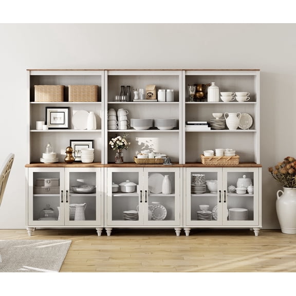 WAMPAT 5 Tier 72" Tall Wooden Bookcase, White Bookshelf with Adjustable Shelves & Glass Door Storage Cabinets