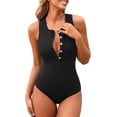 thumbnail image 1 of Beautyin Womens Solid Ribbed Swimsuits Button Racerback One Piece Bathing Suit Thick Shoulder Straps Swimwear, 1 of 8