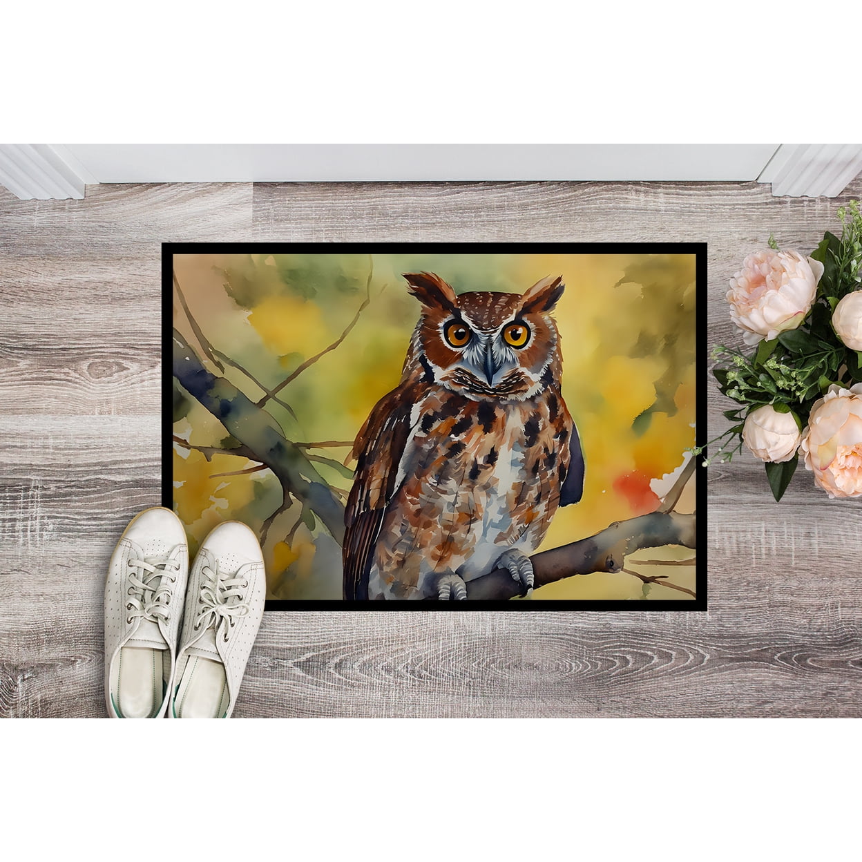 Caroline's Treasures DAC3218JMAT Eastern Screech Owl Doormat Front Door Mat Indoor Outdoor Rugs for Entryway, Non Slip Washable Low Pile, 24H X 36W