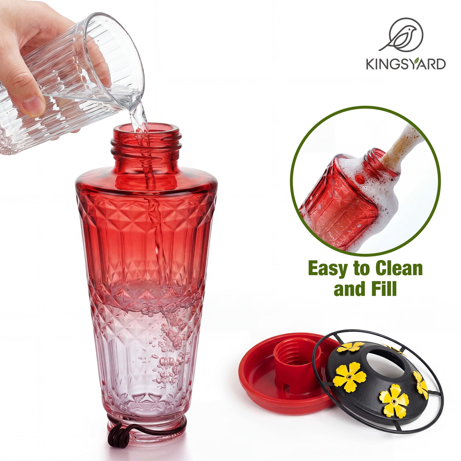 (2 pack) Kingsyard 18.6 oz Red Ombre Glass Hummingbird Feeder, 5 Yellow Ports, Ant Moat Included