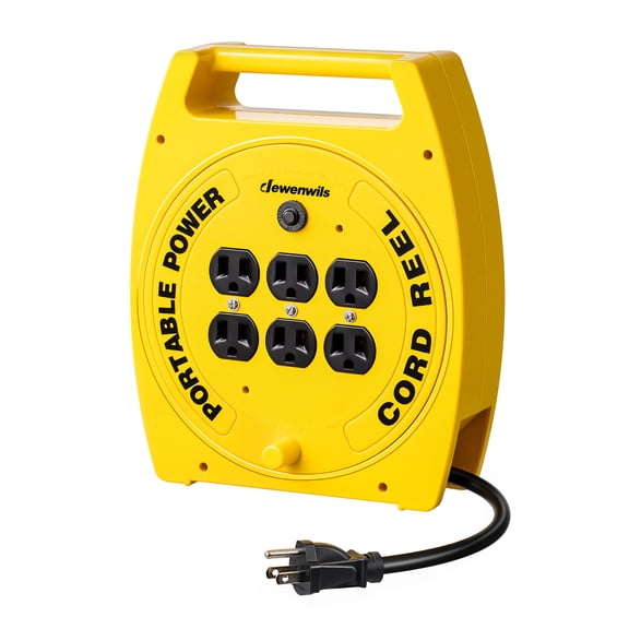 DEWENWILS 6 Outlets Extension Cord Reel, 30FT SJTW 16/3C Power Cord, Hand Wind Retractable, Overload Protection, 13 Amp Circuit Breaker, Yellow, Black, UL Listed