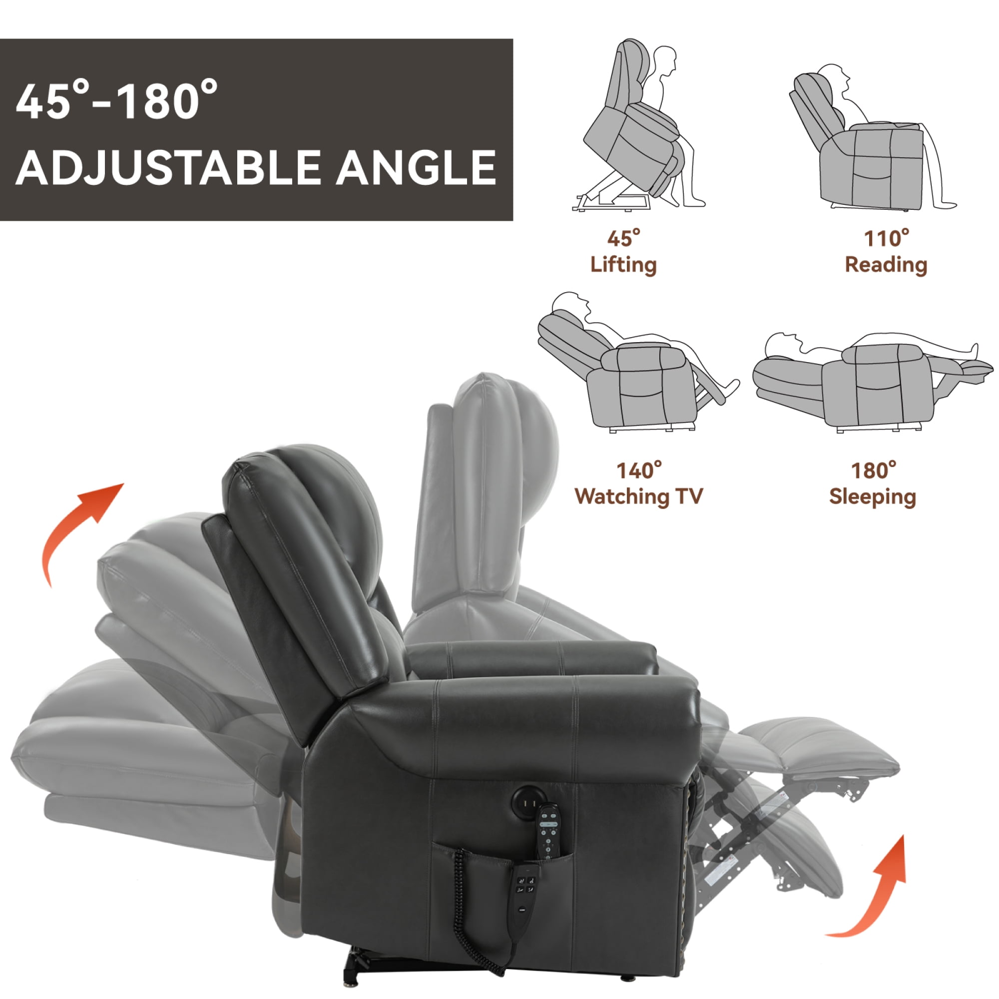 Leumius Large Power Lift Recliner Chair for Elderly,Single Sofa Chair with Massage and Heat,Electric Lift Recliner Single Sofa with Side Pocket for Living Room,Gray
