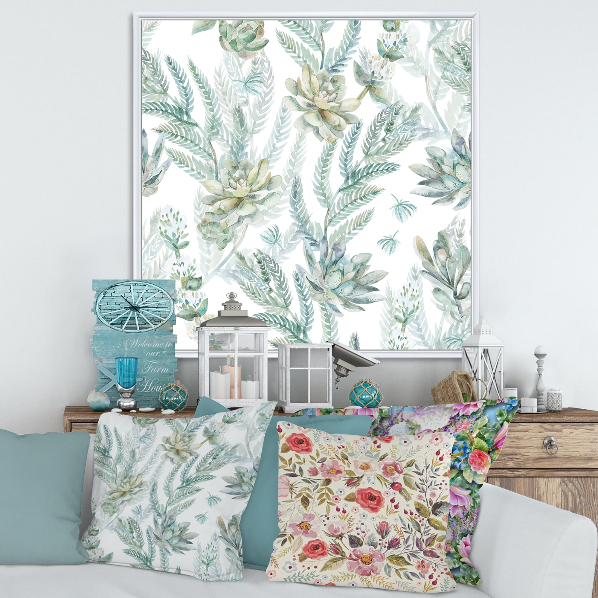 Designart 'Floral Seamless Pattern Succulents and Ferns Thorns' Farmhouse Framed Canvas Wall Art Print
