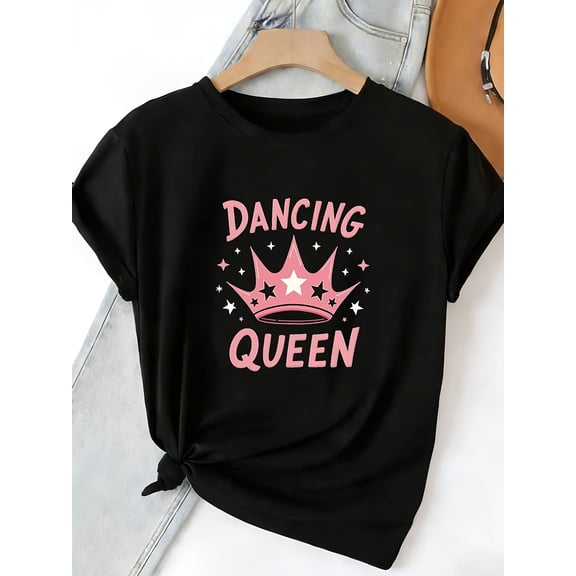 Women's Cute Pink Crown Dancing Queen Graphic T-Shirt