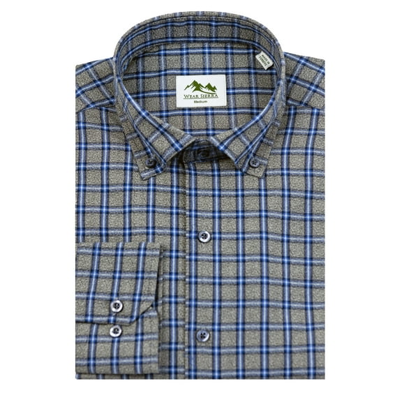Wear Sierra Top Shelf Men's Turkish Cotton Long Sleeve Button Down Shirt in Gray & Blue Plaid
