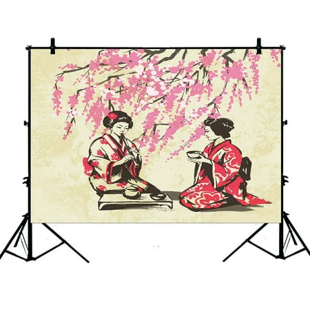 Image of PHFZK 7x5ft Asian Backdrops Japanese Lady Wearing Kimono with Cherry Blossom Tree Photography Backdrops Polyester Photo Background Studio Props