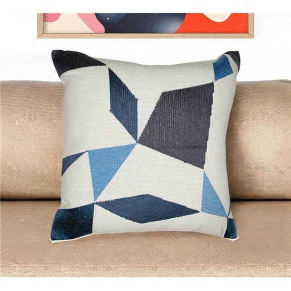 HomeRoots 549427 24 in. Ivory & Blue Geometric Cotton Blend Throw Pillow with Embroidery
