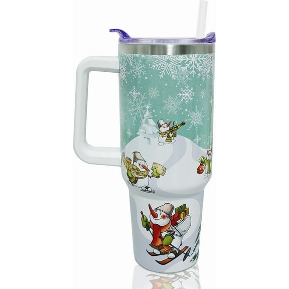 40 oz Christmas Tumbler with Handle and Straw, Stainless Steel Insulated Snowman Tumbler 40 oz, Reusable Xmas Snowman Cup with Leak Proof Lid, Christmas Gifts for Women