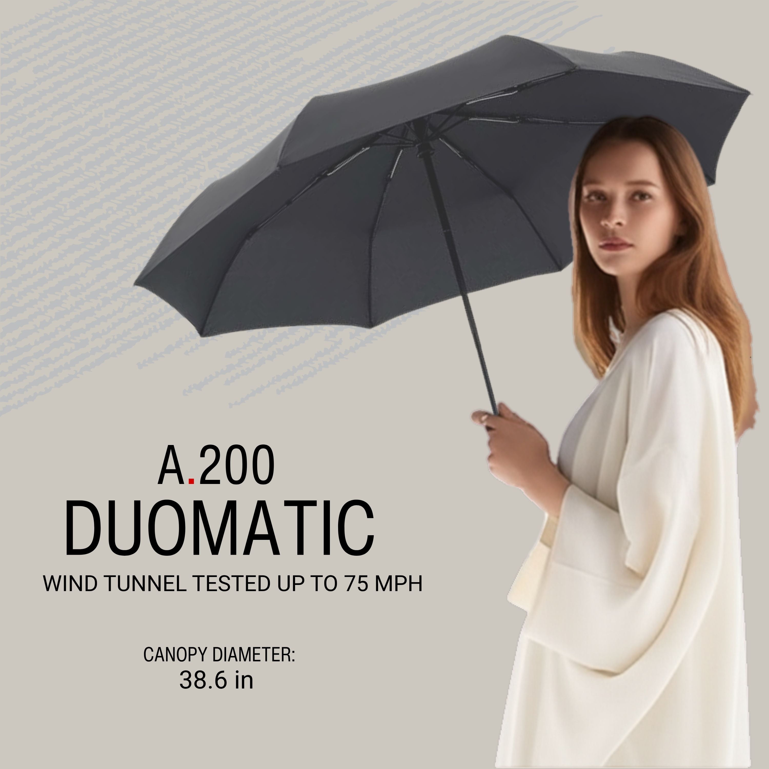 Knirps A.200 Medium Duomatic Windproof Rain Umbrella for Adults in Grey – Automatic Open Close Design, 38.5" Wind Resistant Canopy, Durable Steel Frame, Travel Case Included