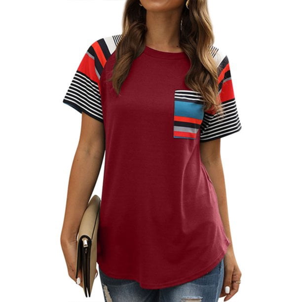 Qarigey Top con dobladillo en la parte delantera a rayas para mujer Prendas para la parte del cuerpo Rojo S