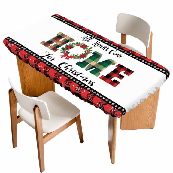 Christmas Table Cloths for 6 Foot Rectangle Tables, Winter Poinsettia Snowflakes Red Black Plaid Patio Waterproof Elastic Fitted Tablecloths, Washable Rectangular Table Cover for Camping