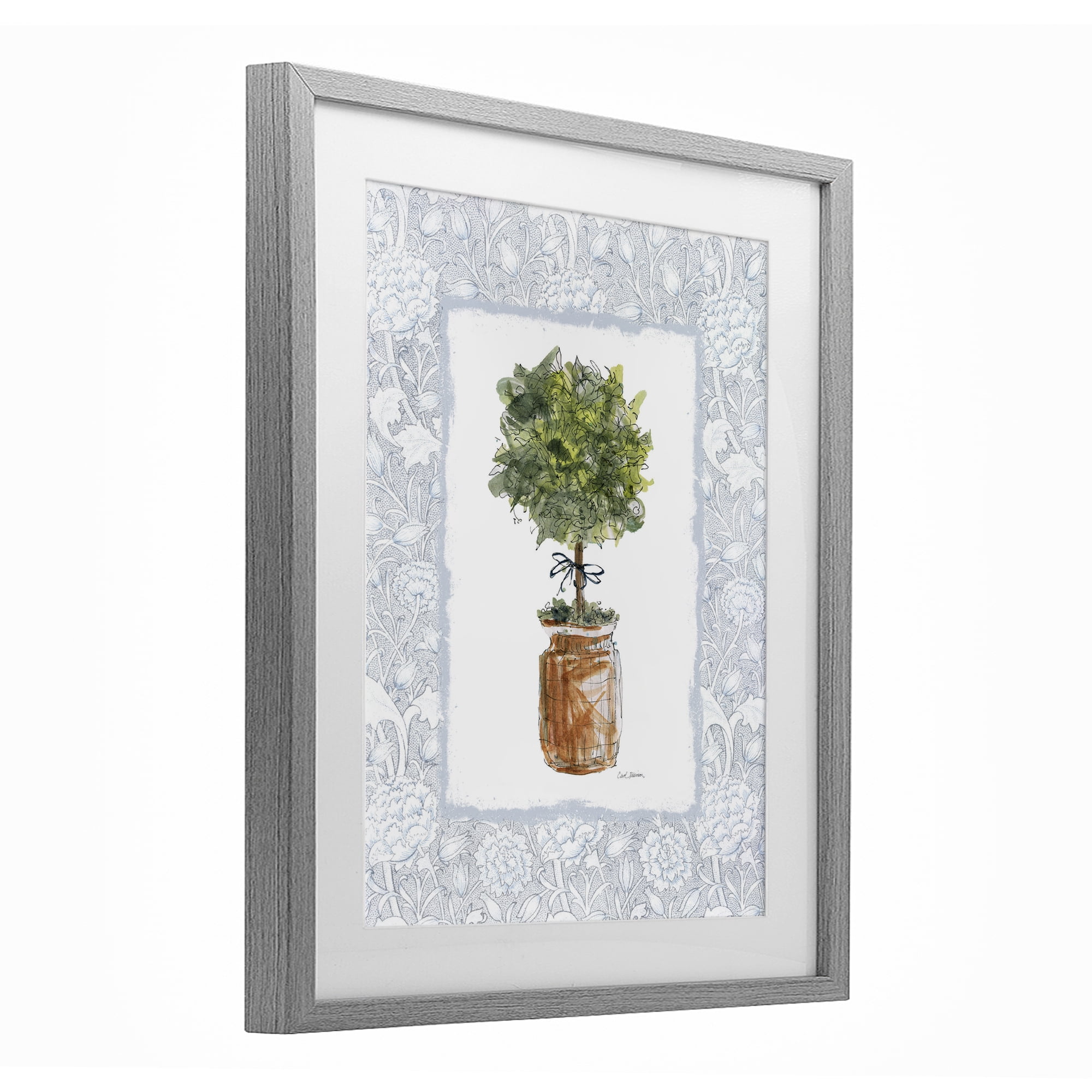 Stupell Industries Potted Topiary with Ribbon Gray Framed Print Under Glass, design by Carol Robinson