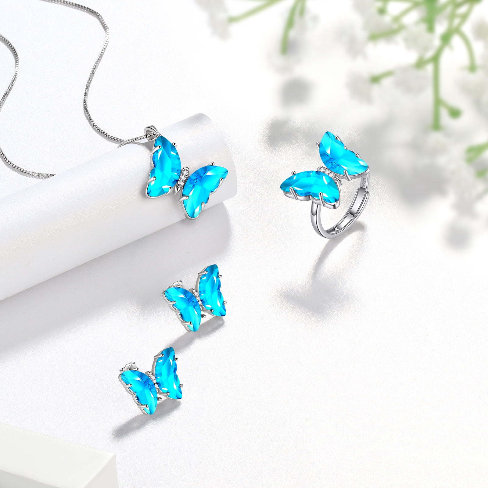 Blue Butterfly Jewelry Sets Earrings Necklace Ring, March Birthstone Jewelry Set Aquamarine Sterling Silver Women Birthday Mother's Day Gifts