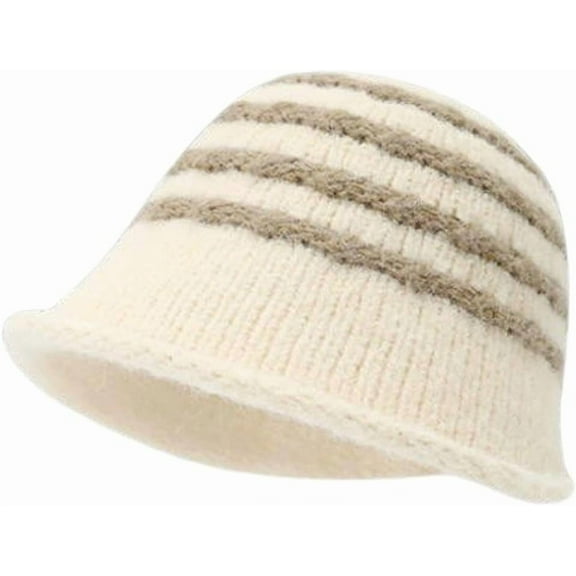 Women Knit Striped Bucket Hat Autumn Winter Trendy Beanies Hat Outdoor Casual Fisherman Hat for Travel