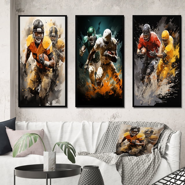 Designart "Dynamic Plays Yellow Football wall art II" Sports Framed Wall Art Set Of 3 - Yellow Football Frame Gallery Wall Set For Home Decor