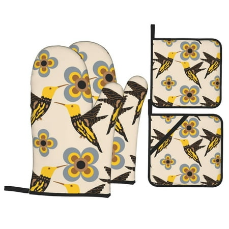 

Oven Mitts and Pot Holders Sets 4 pcs - Yellow Flowers Hummingbird Heat Resistant Silicone Oven Gloves with Non-Slip Silicone Surface and hot pads for kitchen Baking Cooking BBQ