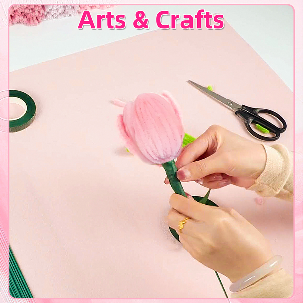 Yucurem 400PCS Pipe Cleaners Craft, 4 Assorted Colors Pipe Cleaners Bulk, Chenille Stems for DIY Flower Making Kit with Floral Wires, Gardening Tape,Stamen& Ribbon (Pink)
