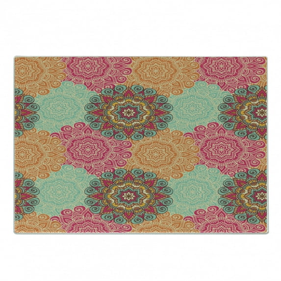 Mandala Cutting Board, Antique Mandala Patterns Circles in Vintage Colors Native Tribal Ornamental, Decorative Tempered Glass Cutting and Serving Board, Small Size, Fuchsia Orange, by Ambesonne