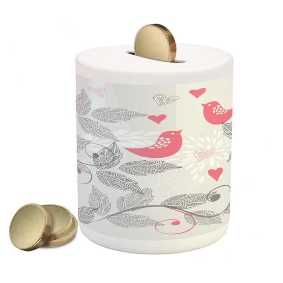 Pink and Grey Piggy Bank, Retro Floral Love Birds on Branches Leaves Romantic Nature Vibes Graphic, Ceramic Coin Bank Money Box for Cash Saving, 3.6" X 3.2", Pale Grey Pink, by Ambesonne