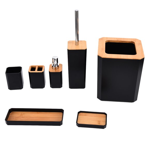Bamboo Bathroom Accessories Set 7Pcs Soap Box Toothbrush Holder Kit for Home HotelBlack