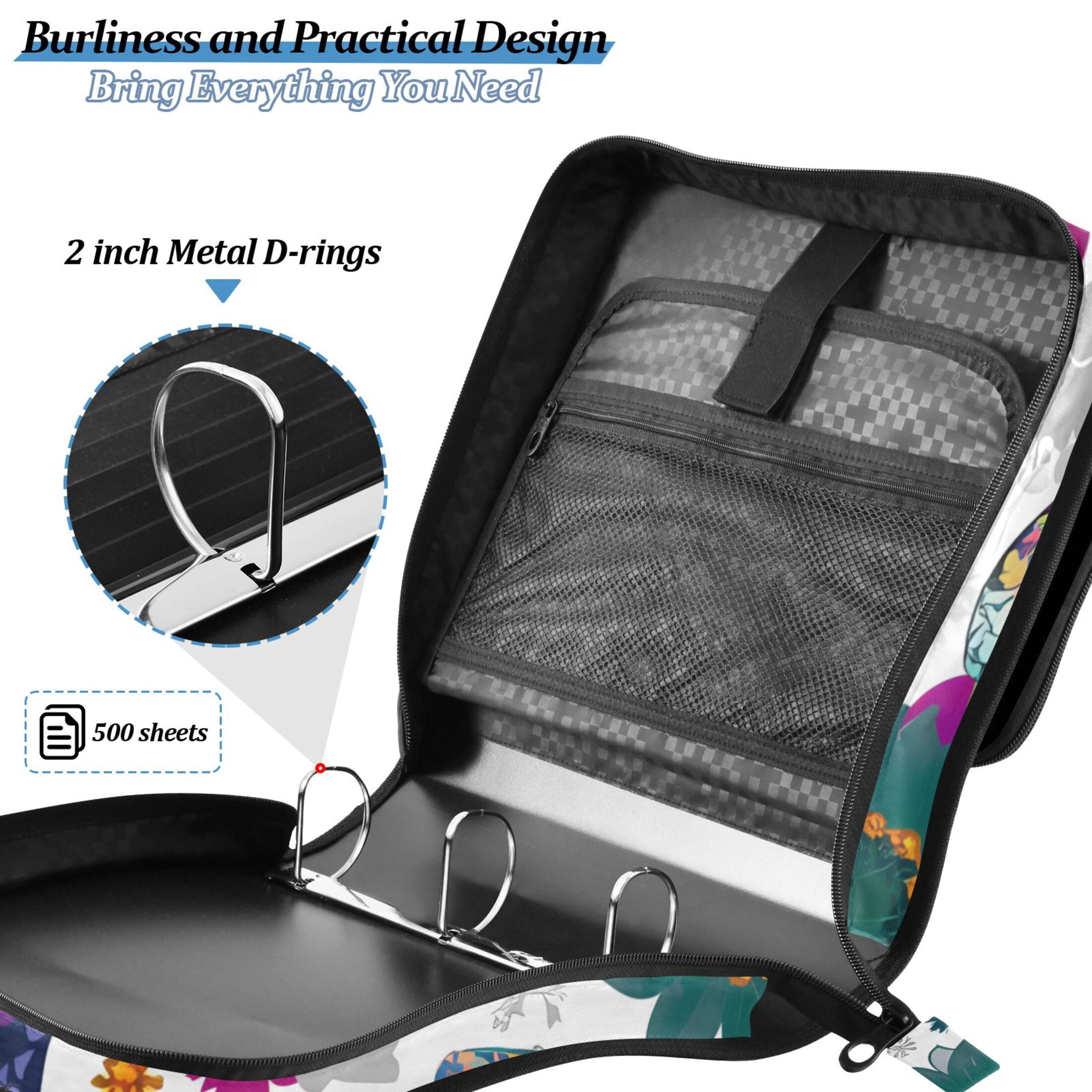 3 Ring Zipper Binder with Shoulder Strap Waterproof Trapper Keeper 2 Inch D-Ring 500 Sheets Capacity Colorful Butterflies and Flowers