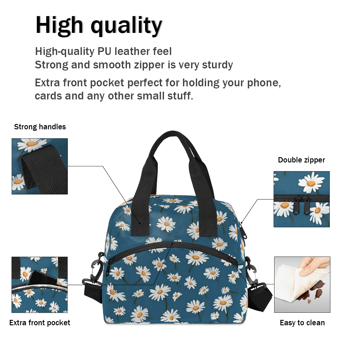 Herdesigns Daisy Flower Insulated Lunch Bag for Women Men Adults Large Reusable Lunch Box Floral Leakproof Cooler Tote Bags with Adjustable Shoulder Strap
