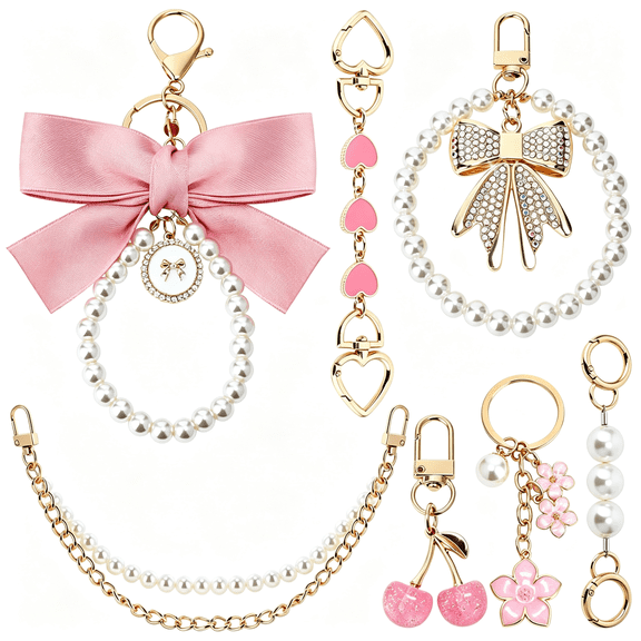 DESIGNICE 7 Pcs Purse Charms Accessories Set with Chain Extender,Cherry Flower Bow Bag Charms for Handbags Cute Purse Charm