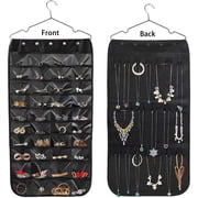 TekDeals Hanging Jewelry Organizer, Double Sided 40 Pockets and 20 Magic Tape Hook, Necklace Holder Jewelry Chain Organizer for Earrings Necklace Bracelet Ring, Black