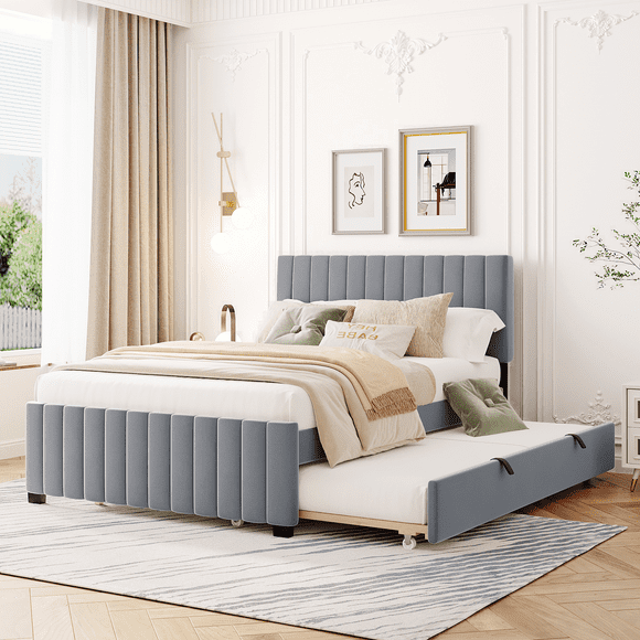 Full Size Velvet Upholstered Platform Bed with Twin Size Trundle, Gray