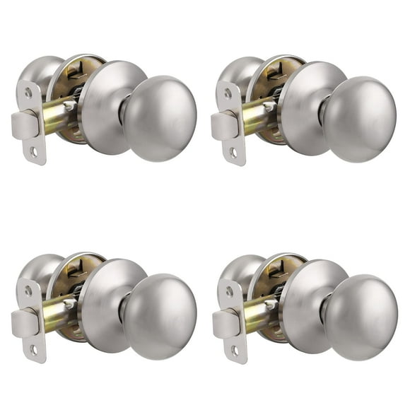 Knobonly Univeral Handing Passage Door Knobs, Brushed Nickel Keyless Unlocking Door Knob/Handleset for Hallway Closet, Flat Ball Classical Shaped, 4 Pack