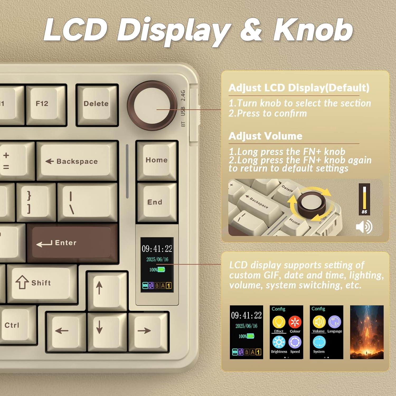 S75 PRO Wireless Mechanical with Screen&Knob, 75% Hot Swappable Gaming with Pre-lubed Switches, RGB Backlit, PBT Keycaps, Creamy Sounding Computer s