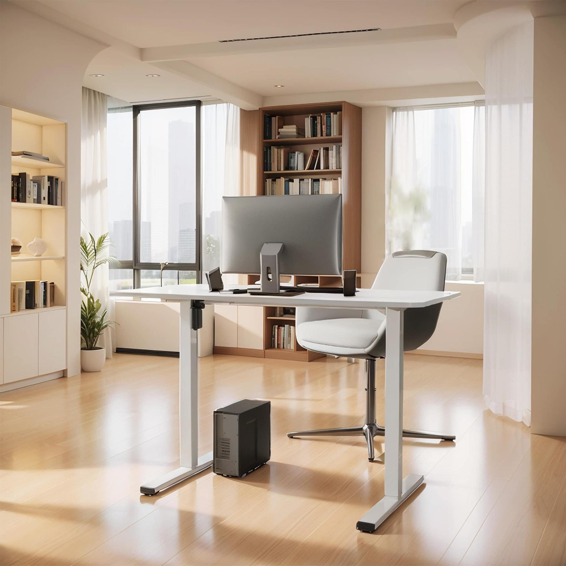 Lisonu Electric Standing Desk, Height Adjustable Sit Stand Workstation with Whole-Piece Desktop for Home Office, White Frame with White Top
