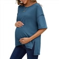 thumbnail image 1 of Camiseta Holgada de Algodón de Color Liso con Cuello Redondo y Aberturas Laterales, Talla S, Azul, 1 of 6