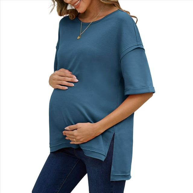 Camiseta Holgada de Algodón de Color Liso con Cuello Redondo y Aberturas Laterales, Talla S, Azul