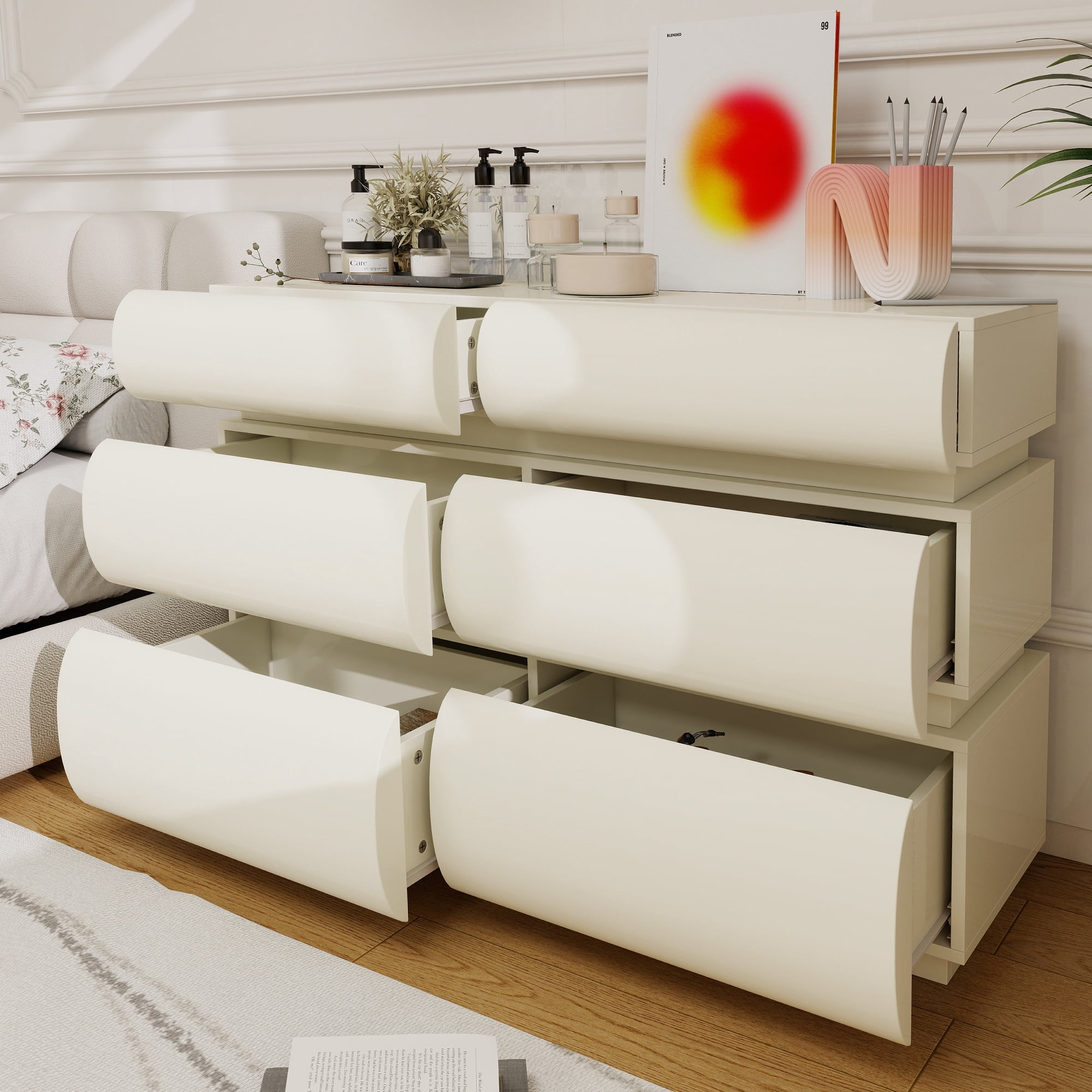 HIUU Modern dressers & chests of drawers with 6 Drawers, Dresser Cabinet Clothes Storage for Bedroom, Wooden Dressers Drawers with Spacious Tabletop（White）