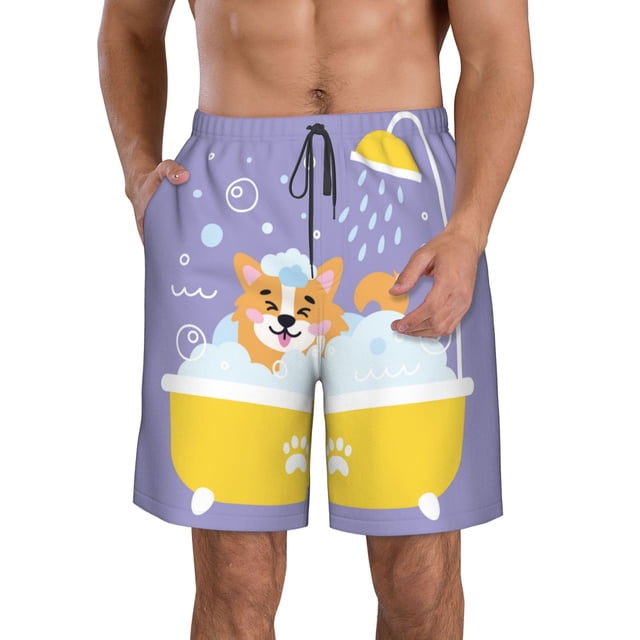 Fotbe Corgi Washing in Bathtub Trajes de Baño Estampados para Hombre, Shorts de Verano de Secado Rápido, Ropa de Playa, Bañadores-3X-Large