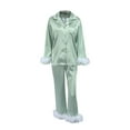 thumbnail image 4 of Women Silk Satin Pajamas Set Button Down Long Sleeve Sleepwear Feather Trim Nightwear Loungewear Pj Set, 4 of 6