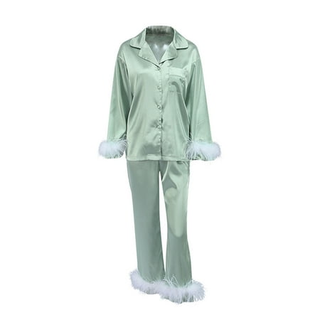 

FSDJHSDH Women Pajamas Set Long Sleeve Button Down Feather Trim Pjs Sleepwaer Nightwear Loungewear Set