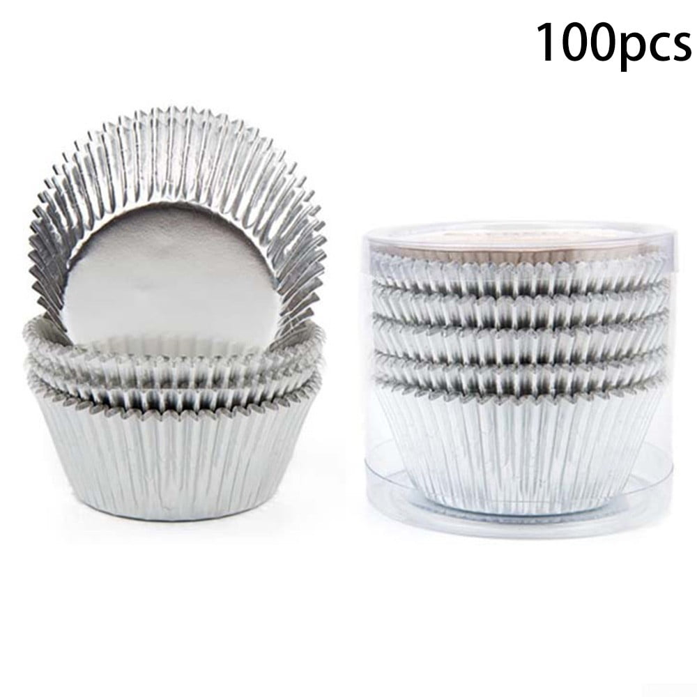 100PCS Cupcake Muffin Wrappers Silver Foil Cup Cake Cases Paper Baking Cups 