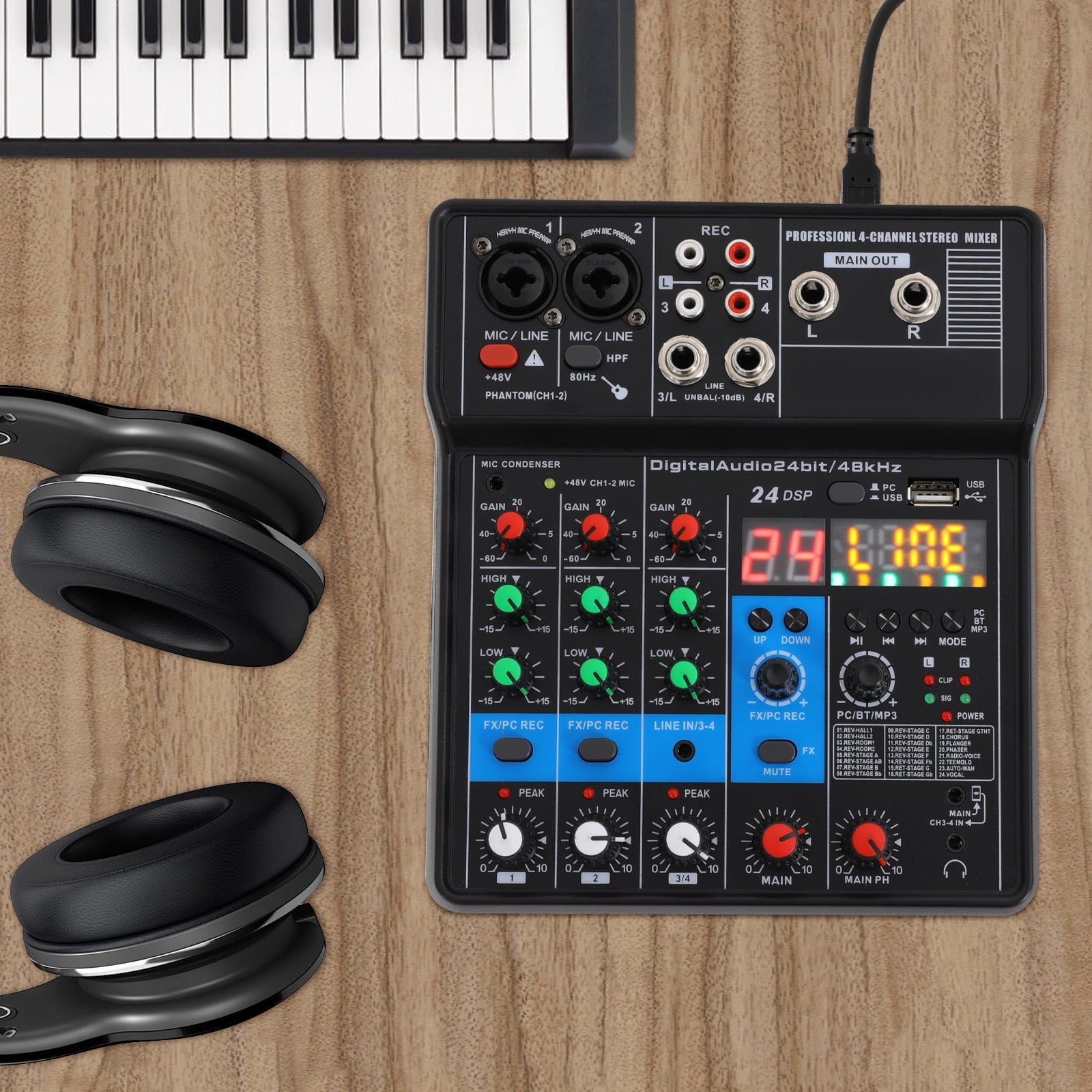 Portable Audio Mixer, 4-Channel with 48V Phantom Power, USB Connectivity, 1.54lbs Lightweight, for Recording & Live Use