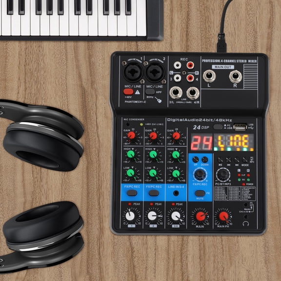 Compact 4-Channel Mixer, Analog/Digital Hybrid with 48V Phantom Power, USB Powered, for Streaming & Studio Recording