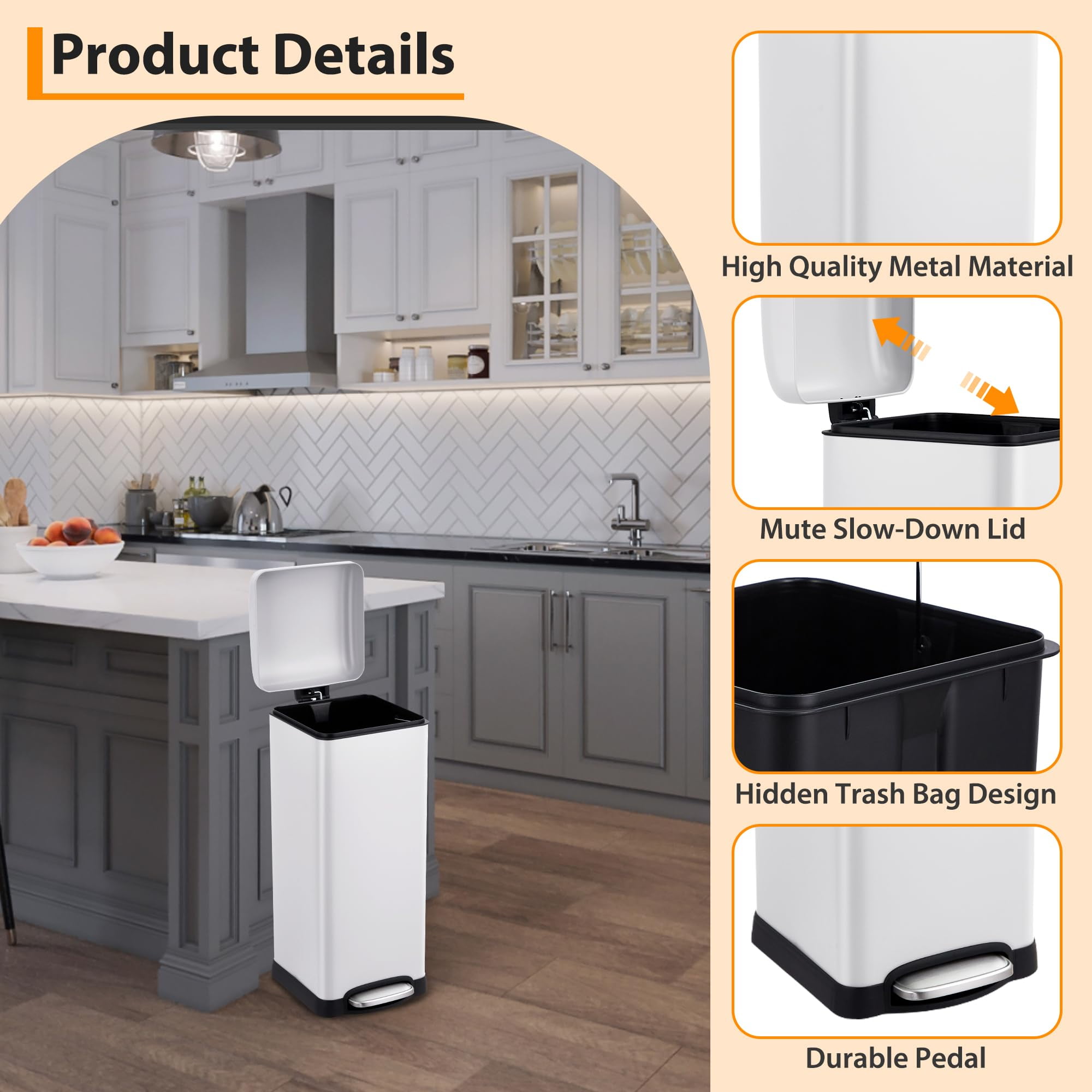 TROPOW 8 Gallon Bathroom Step Trash Can, 30-Liter Square Stainless Steel Foot Pedal Garbage Can with Soft-Close Lid for Kitchen, with Removable Inner Bucket,White