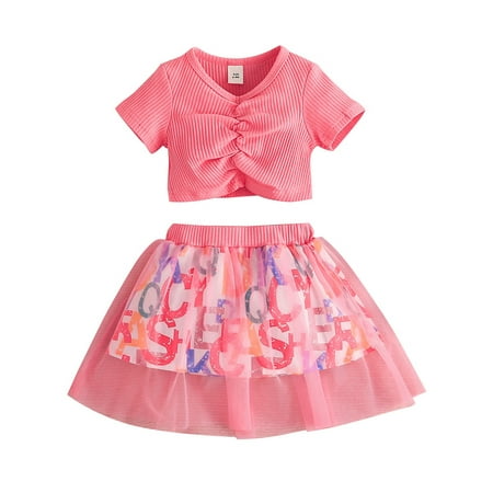 

Inevnen Baby Girls Skirt Set Short Sleeve V Neck Pleated T-shirt with Letters Print Tulle Skirt Summer Outfit