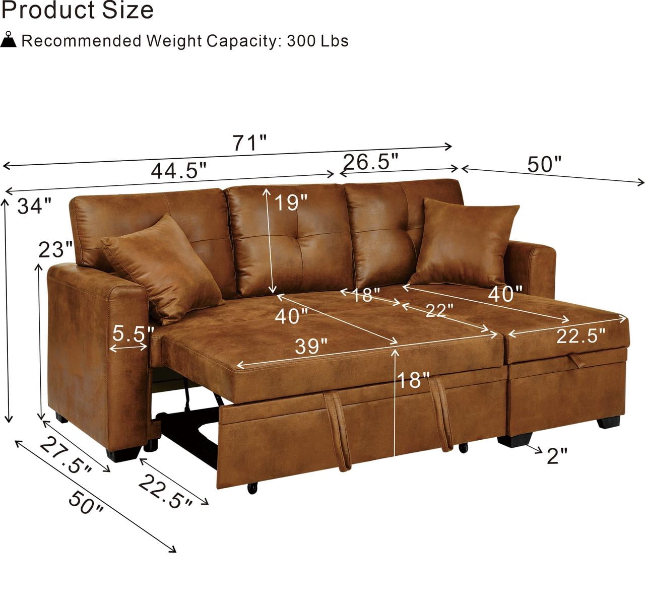 BSHTI 71" Polyester L-Shaped Pull-Out Sleeper Sofa Bed with Reversible Chaise, Hidden Storage for Living Room（Light Brown）