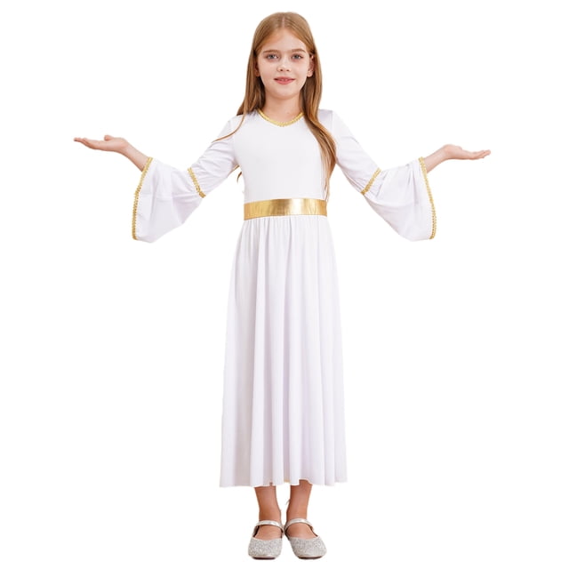 Sholeno Costume de Princesse Grecque pour Filles Enfants, Robe Toga à Manches Longues Évasées, Robe Maxi, Blanc 10