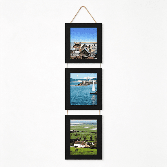 XIBUFE 5X7 Picture Frames Collage, Real Glass Wooden Vertical Hanging 3 Opening 5 by 7 Photo Frame, Black 5X7 Frame 1 Pack