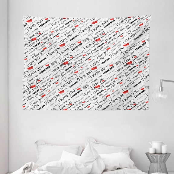 I Love You Tapestry, Romance Words with Hearts in Different Characters Flirt Celebration Pattern, Wall Hanging for Bedroom Living Room Dorm Decor, 80W X 60L Inches, Red White Black, by Ambesonne