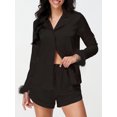 thumbnail image 3 of LMLYSoH Women's Satin Outfits Solid Color Lapel Long Sleeve Tops with Feather Cuffs + Shorts Set Fashion Clothes, 3 of 9