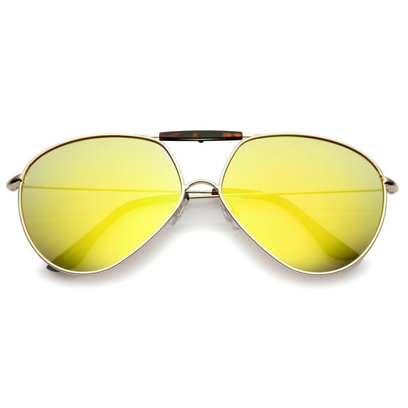 sunglassLA Unisex Modern Brow Bar Detail Slim Temple Metal Frame Colored Mirror Lens Aviator Sunglasses 62mm (Gold-Tortoise / Yellow Mirr) - 62mm